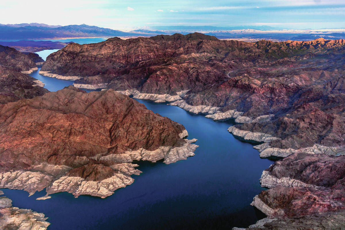 An aerial of water making its way through a passage in Lake Mead fed by the Colorado River on M ...