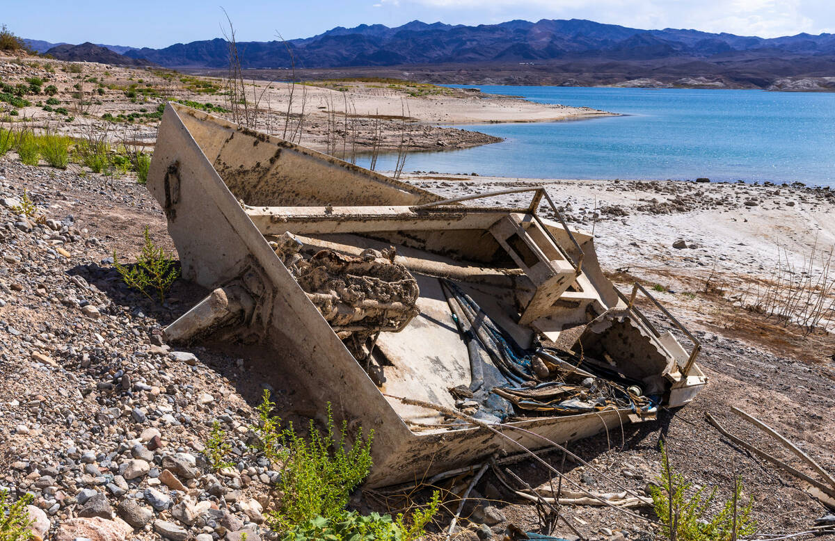 An abandoned boat is now above the waterline at Crawdad Cove in the Lake Mead National Recreati ...