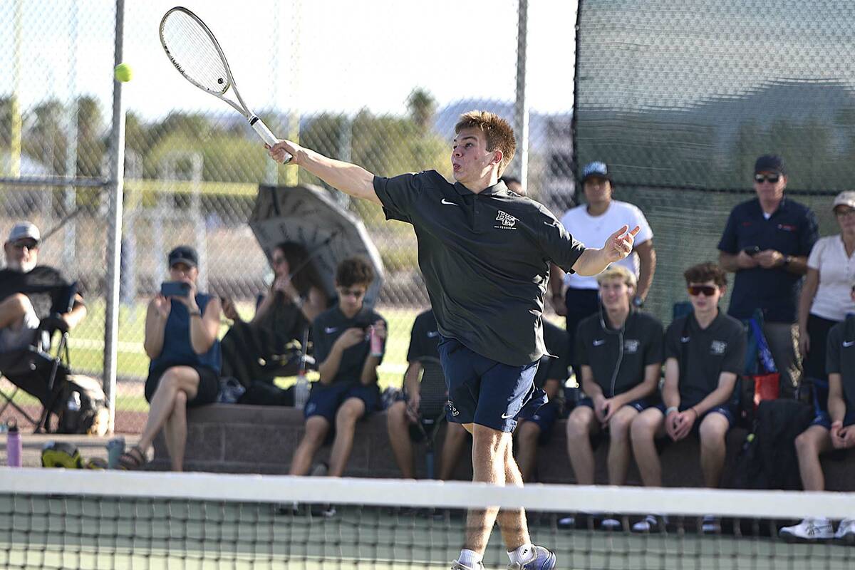 Robert Vendettoli/Boulder City Review Boulder City doubles star Will Teeples returns the ball b ...