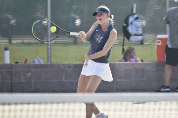 Robert Vendettoli/Boulder City Review Boulder City doubles star Lyla Gunson returns the ball ag ...