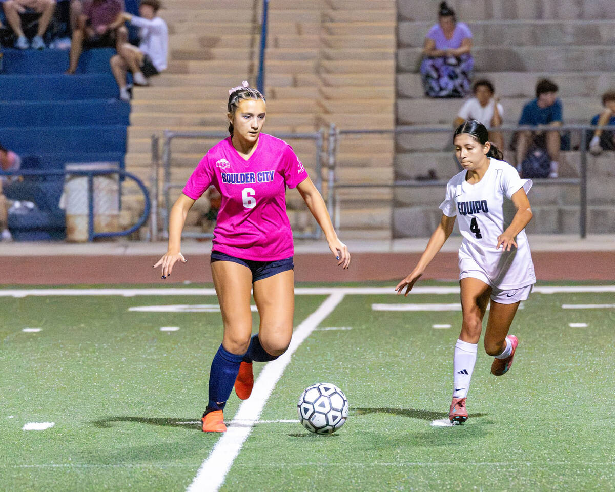 Photo courtesy Chad Schoop Boulder City girls soccer star Malley Jobin makes a move upfield ag ...