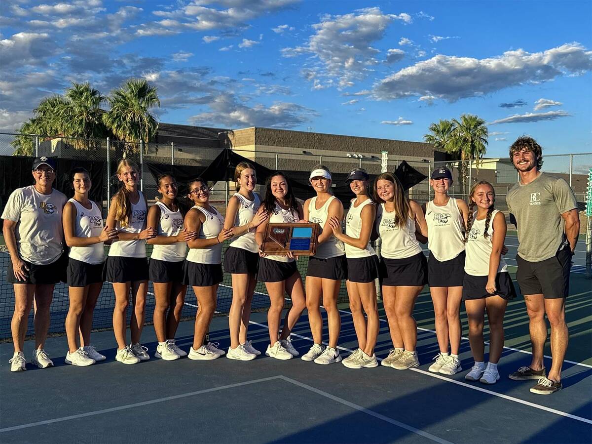Boulder City High School girls tennis celebrates their 3A regional championship on Oct. 9.