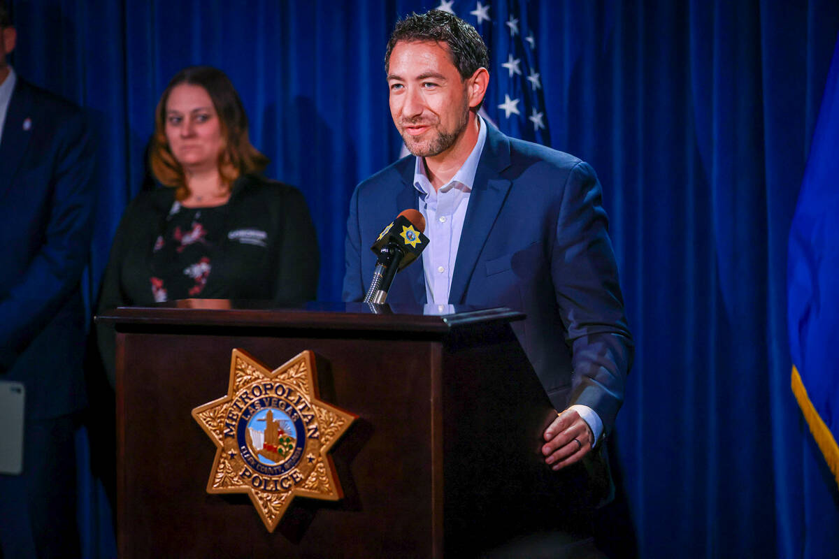 Clark County Commission Chairman Michael Naft speaks at press conference at Metropolitan Police ...