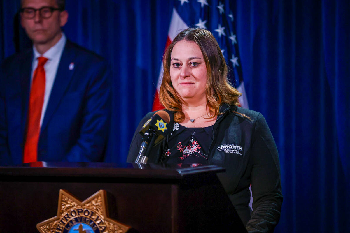 Clark County Coroner Melanie Rouse speaks at press conference at Metropolitan Police Headquarte ...