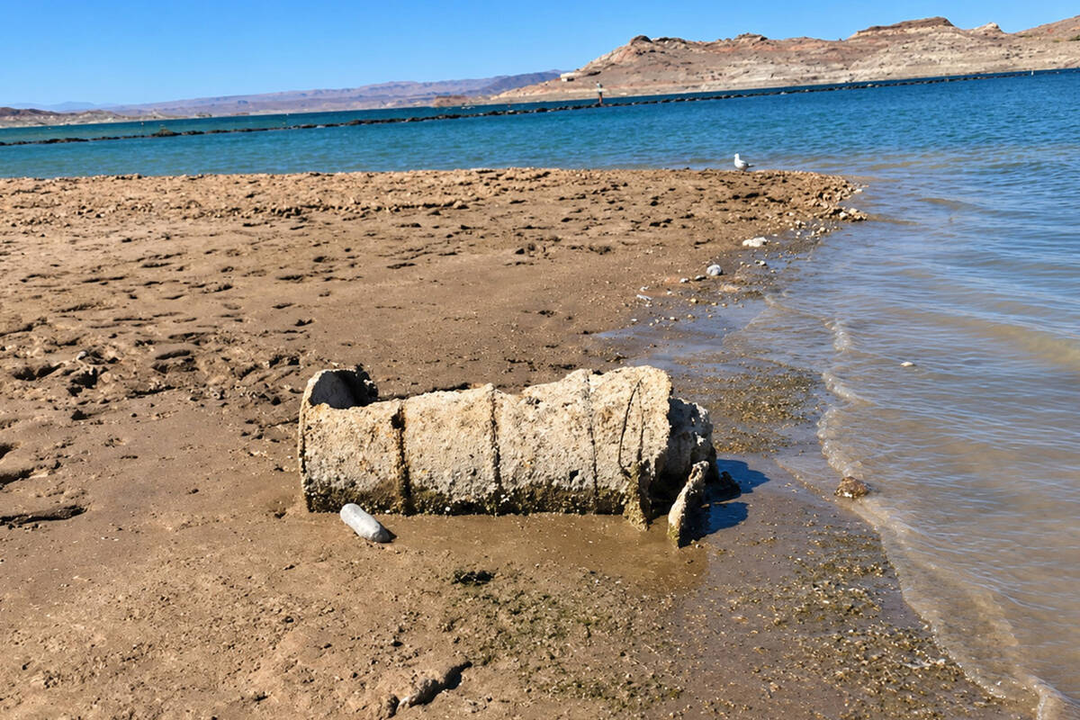 A barrel containing a body is seen in the receding waters of Lake Mead in this 2022 photo. The ...
