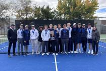 Boulder City High School boys tennis celebrates winning their second consecutive 3A state champ ...